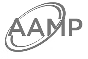 Gray AAMP logo with a stylized oval outline on a white background.