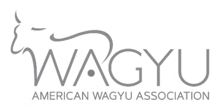 Gray logo for the American Wagyu Association (WAGYU) featuring a stylized silhouette of a Japanese Wagyu bull head above the text 'WAGYU' and 'AMERICAN WAGYU ASSOCIATION' on a white background.