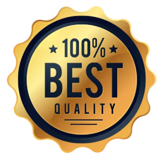 A gold and black circular badge with scalloped edges featuring the text '100% BEST QUALITY' in dark navy lettering, isolated on a white background.