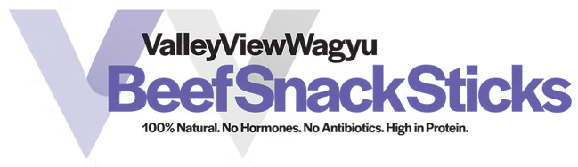 ValleyViewWagyu BeefSnackSticks logo on a white background, with large purple and black text and a stylized gray V.