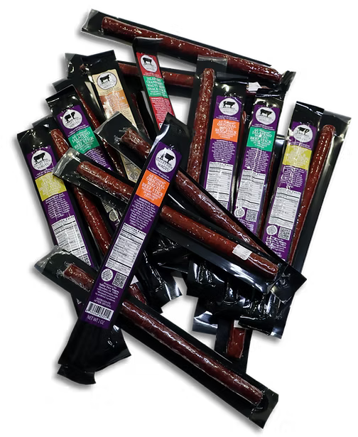 A pile of packaged wagyu beef sticks.